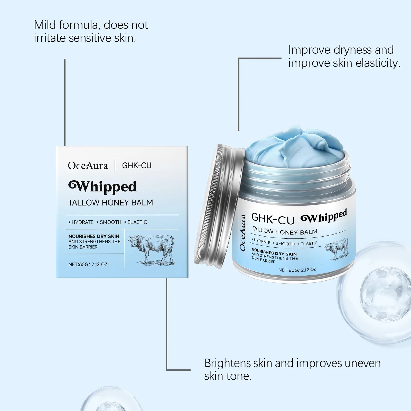 Ghk-Cu Beef Tallow Honey Balm Repair Dry Skin Deep Hydration Nourish Non-Greasy Brightening Even Skin Whipped Tallow Honey Cream